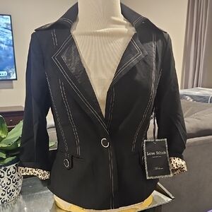 Love Stitch Black Blazer with Leopard-Print Lining